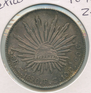 1890 Zs Mexico 8 Reales Silver Coin Zacatecas Mint Cap & Rays - ER320