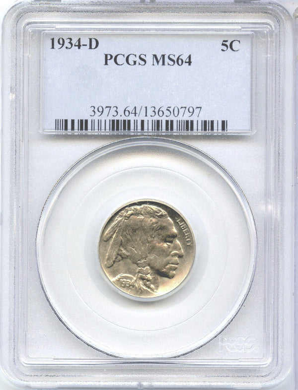 1934-D Indian Head Buffalo Nickel PCGS MS64 Certified -5 Cents- DM428