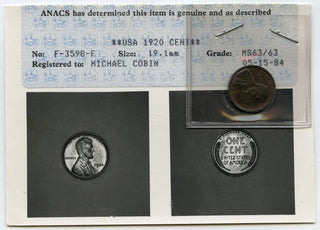 1920 Lincoln Wheat Cent Penny ANACS MS 63 Photo Certification - B418