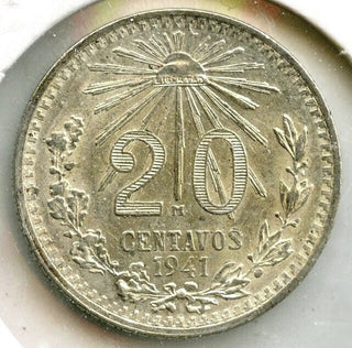 1941 Mexico Silver Coin 20 Centavos Uncirculated Coin Moneda Plata - E114