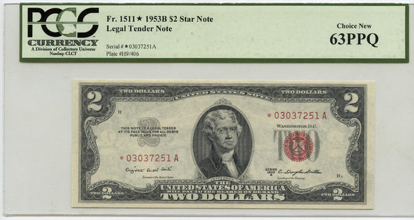 1953-B $2 United States Red Seal Star Note PCGS 63 PPQ Choice New - E760