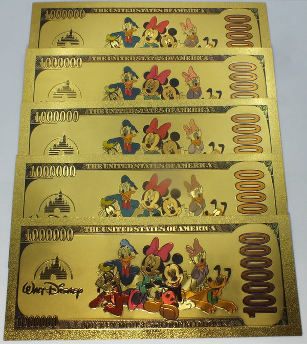 Micky, Minnie, Daisy, Donald, Goofy Disney $1000000 Note 24K Gold Foil Set LH297