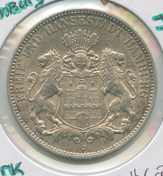 1909-J Germany Hamburg Silver 3 Mark Coin - KR575