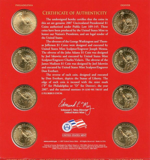 2007 P & D Presidential $1 Coin Uncirculated Set 8-Coins US Mint OGP - JP356