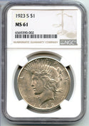 1923-S Peace Silver Dollar NGC MS61 Certified - San Francisco Mint - CC289