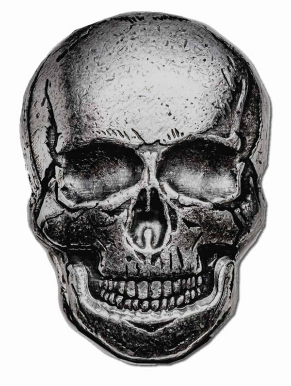Human Skull 2 Oz 999 Silver Poured Bar 3D Art Medal Antique Finish - JP192