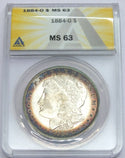 1884-O Morgan Silver Dollar ANACS MS63 Toning Toned $1 New Orleans Mint - A948