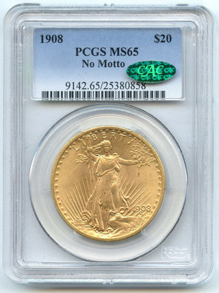 1908 $20 Saint Gaudens Double Eagle PCGS & CAC MS65 Certified No Motto - CA06