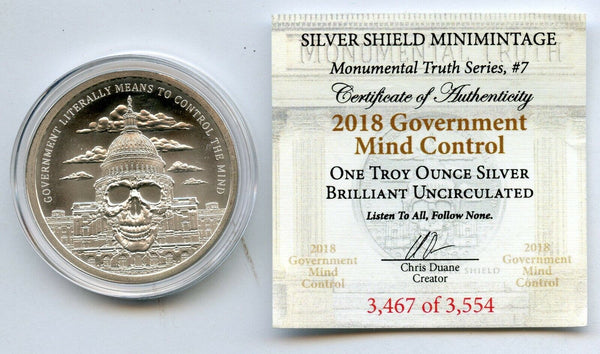 2018 Government Mind Control 999 Silver 1 oz Medal Shield Round Skull JM332