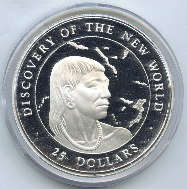 1990 Discovery of New World $25 Silver Proof Coin & Case Bahamas Perth Mint A454