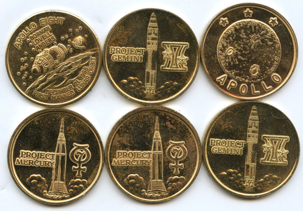 Space First Set of (6) Gold-plated Art Medal Rounds Gemini Apollo  Mercury CC933