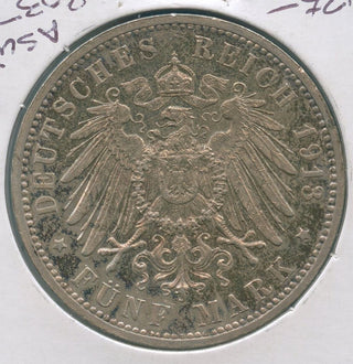 1913-J Germany Hamburg Silver 5 Mark Coin Deutsches Reich - KR579