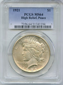1921 Peace Silver Dollar PCGS Certified MS64 High Relief Philadelphia Mint DM495