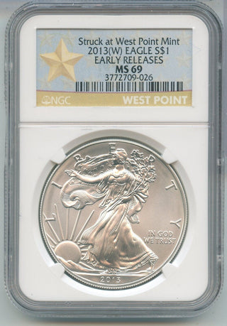 2013-W American Eagle Silver 1oz 999 NGC MS69 Early Release West Point -KR553