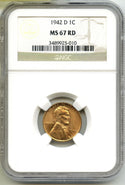 1942-D Lincoln Wheat Cent Penny NGC MS67 RD Certified - Denver Mint - G686