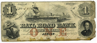 1853 State of Michigan $1 Dollar Railroad Bank Note Erie Kalamazoo Adrian - E845
