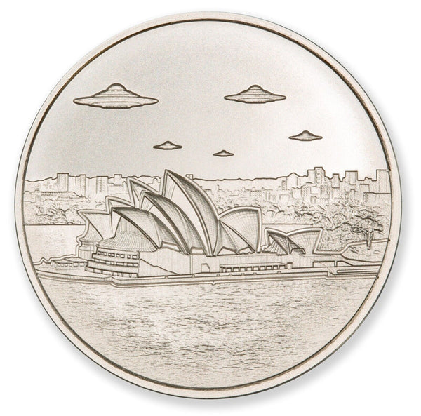 UFOs Over Sydney Australia Opera 1 Oz 999 Silver Round Medallion Aliens JP364