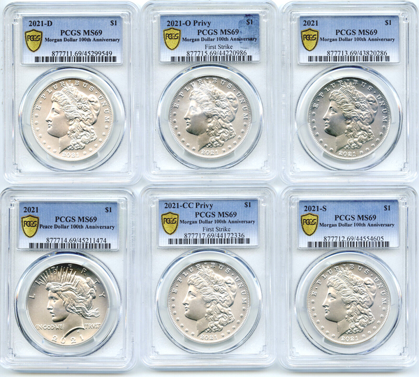 2021 Morgan & Peace Silver Dollar 6-Coin PCGS MS69 Set 100th Anniversary DM782