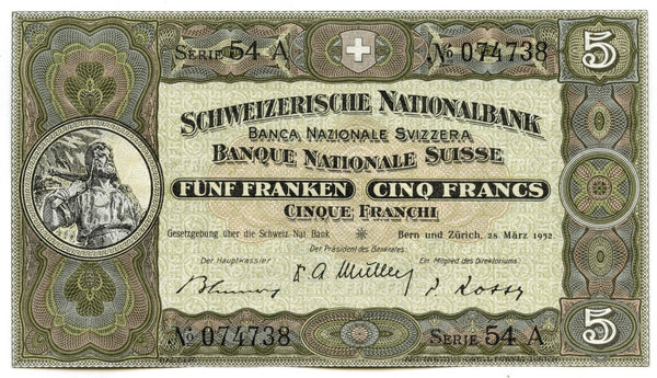 1952 Switzerland Cinq 5 Francs Banknote Currency Note National Bank - A391