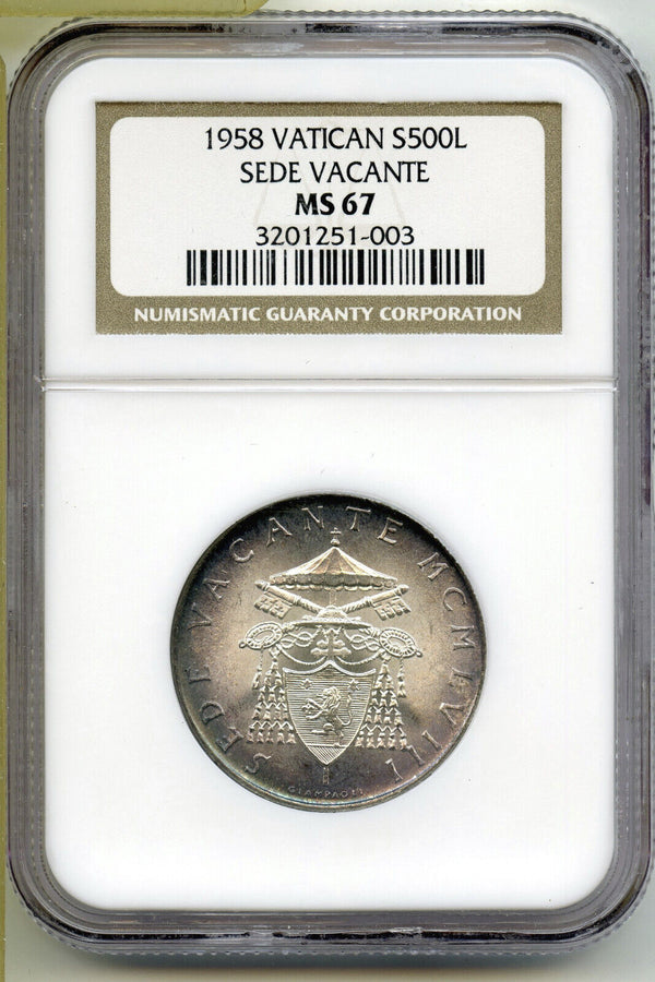 1958 Vatican Sede Vacante 500 Lire Coin NGC MS 67 Toning Toned - G97