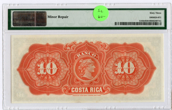 1899 Costa Rica 10 Diez Pesos PMG 63 P-S164r Banknote Currency - JP097
