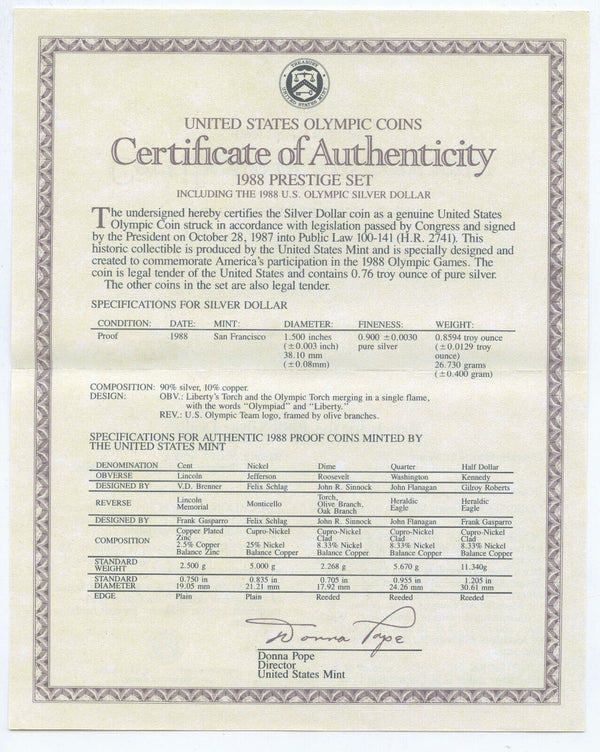 1988 Prestige Coin Set United States Mint OGP Case & COA Certificate - DN218