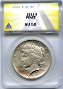 1921 AU 50 Peace Dollar Anacs Holded -DM821
