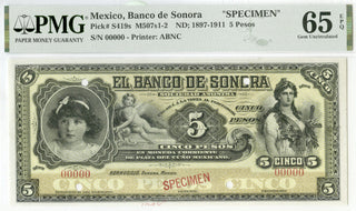 1897-1911 Banco De Sonora Mexico 5 Pesos Specimen P S419s Banknote PMG 65 DN182