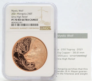 2021 Mongolia Mystic Wolf Copper Ultra High Relief NGC PF 70 RD Proof Coin JM309