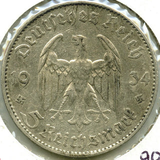 1934 German Potsdam Church Third Reich 5 Mark Silver Coin -DM255