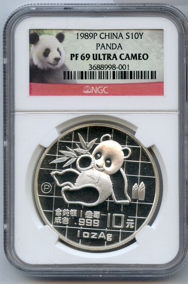 1989 China Chinese Panda 1 Oz Silver Proof 999 Coin NGC PF69 10Y Yuan - JP281