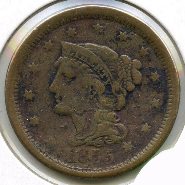 1855 Braided Hair Large Cent Penny - Upright 5's - Lamination Error - E19