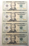 Uncut Sheet of (4) 2013 $20 Federal Reserve Currency Notes + Cachet - G111