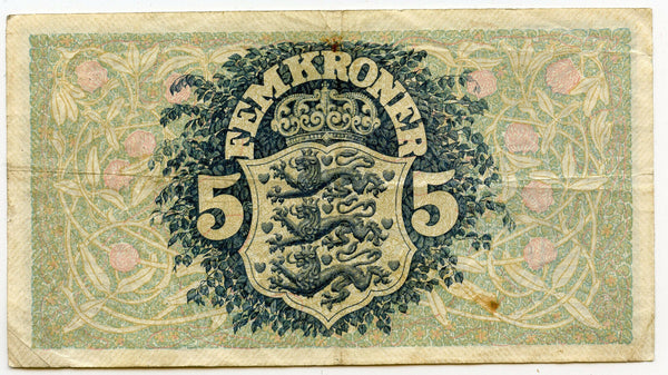 1933 Denmark Danmark 5 Fem Kroner Currency Note - BT248