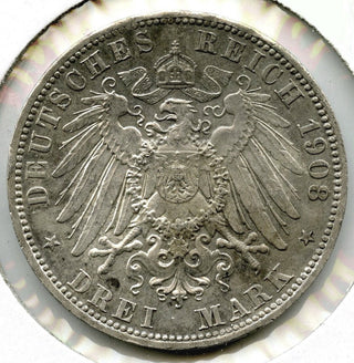 1908-A Prussia Germany Silver Coin 3 Drei Mark - Wilhelm II Deutsches Reich B02
