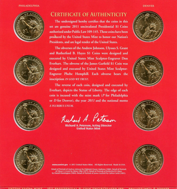2011 P & D Presidential $1 Coin Uncirculated Set 8 Coins US Mint OGP - JP350