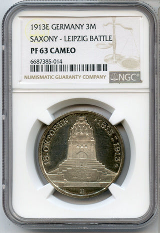 1913-E Germany Saxony Leipzig Battle 3 Mark Silver Coin NGC PF63 Cameo - JP597