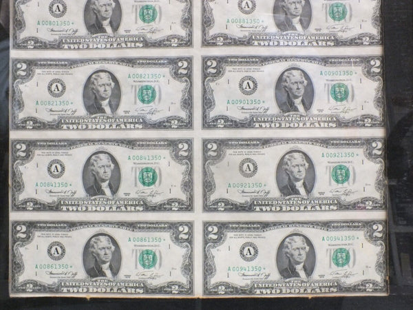 1976 $2 Star Note Uncut Sheet 16 Bills Framed A Boston Federal Reserve BEP LH339