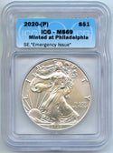 2020-(P) American Eagle 1 oz Silver Dollar ICG MS 69 Emergency Issue - CC809