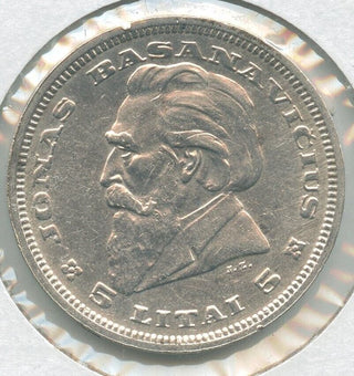 1936 Lithuania Silver Coin 5 Litai - Jonas Basanavicius - KR801