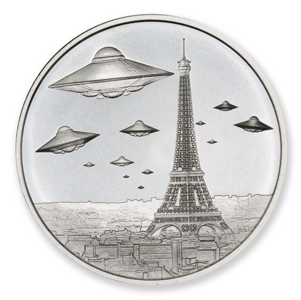 UFO's Over Paris Aliens 1 Troy Oz 999 Fine Silver Round Medallion - JN756