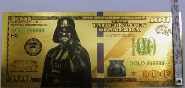 $100 Darth Vader Star Wars Dark Side Novlty 24K Gold Foil Plated Note Bill GFN58