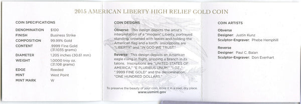 2015 American Liberty High Relief Gold Coin OGP Box & Case ONLY -DN148