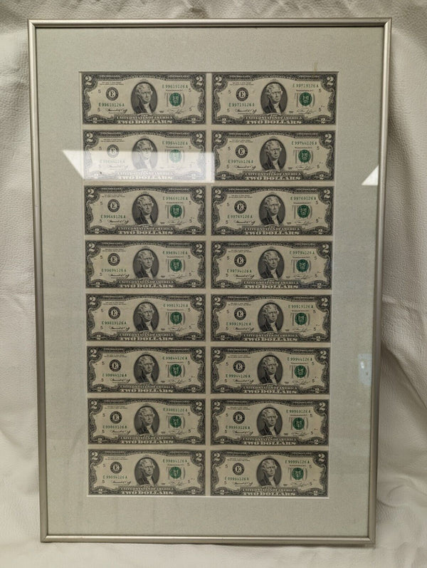1976 $2 Federal Reserve Note Richmond Sheet of 16 Uncut Framed Currency - JP343
