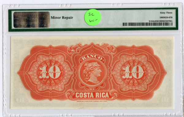 1899 Costa Rica 10 Diez Pesos PMG 63 P-S164r Banknote Currency - JP098