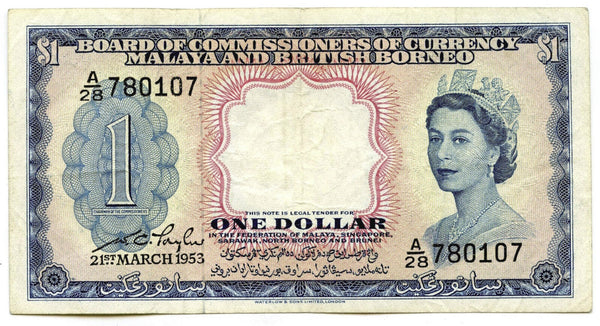 1953 Malaya and British Borneo $1 Dollar Currency Note Banknote - A386