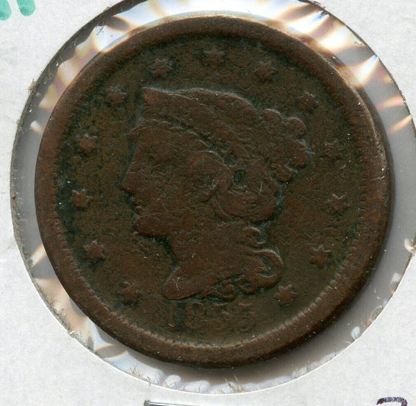 1855 Braided Hair Large Cent US Copper 1c Coin - JP141
