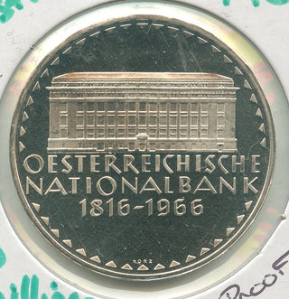 1966 Austria 150th Anniversary Of National Bank Silver Proof 50 Schillings-KR521
