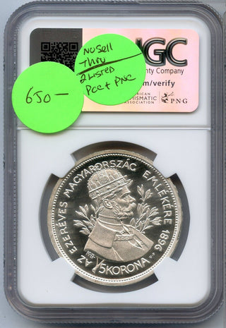 1896-KB Hungary 5 Korona Silver Proof Restrike Coin NGC PF68 Certified - JP617