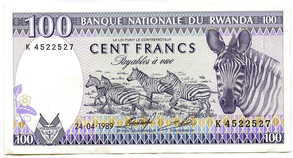 1989 Rwanda Currency Note 100 Francs Bank - E230